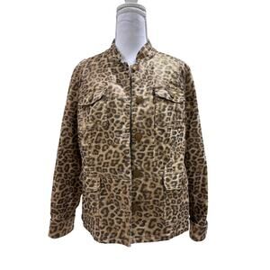 Chico’s Size 1 med Metallic Leopard Print Utility Jacket Gold Animal Print
